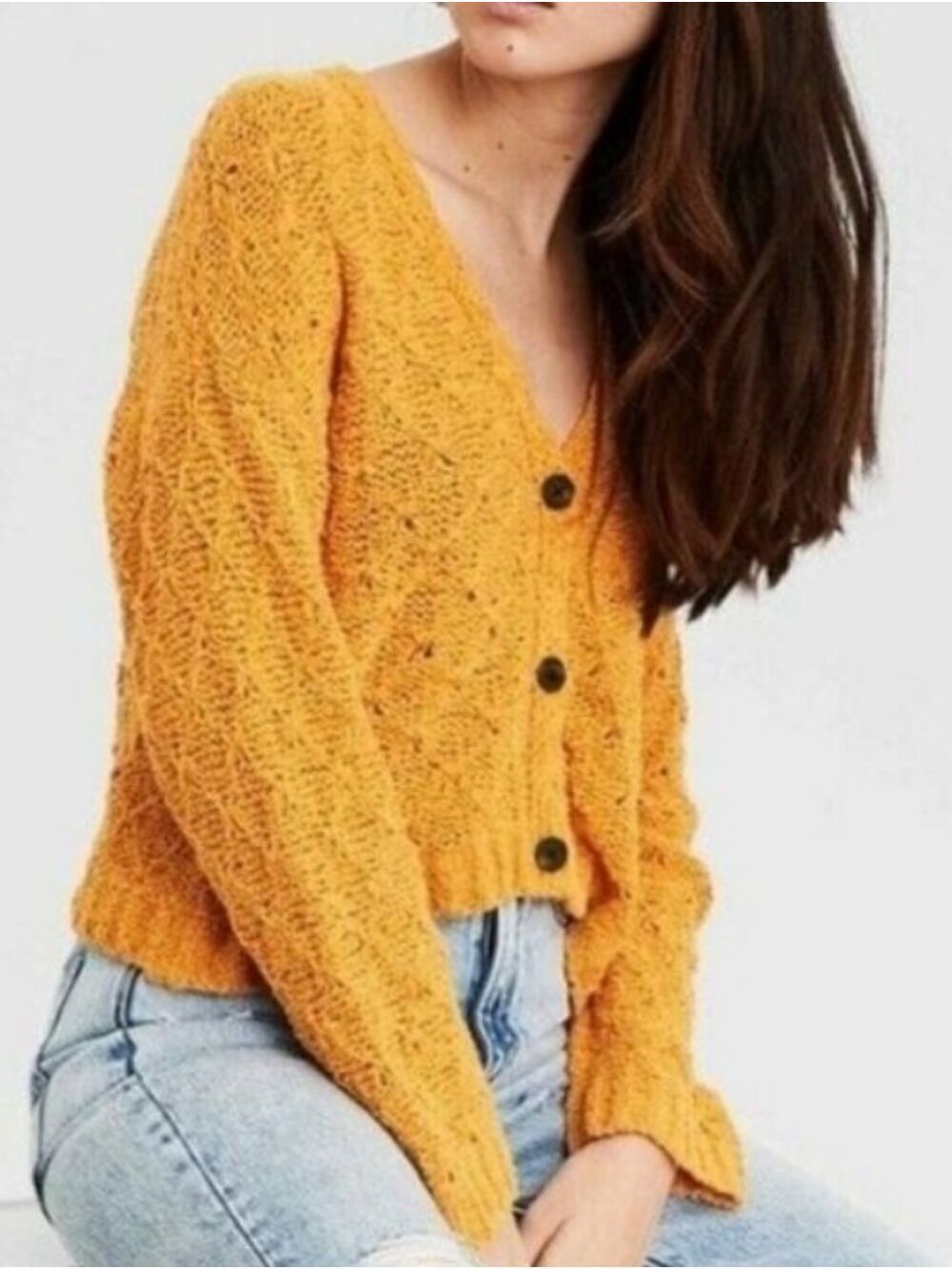 American Eagle Open Knit Golden Yellow V Neck Button Front Cardigan Sweater